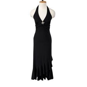 Vintage 90s Taboo Halter Midi Dress Ruffled Black Slinky Goth Med Assymetrical